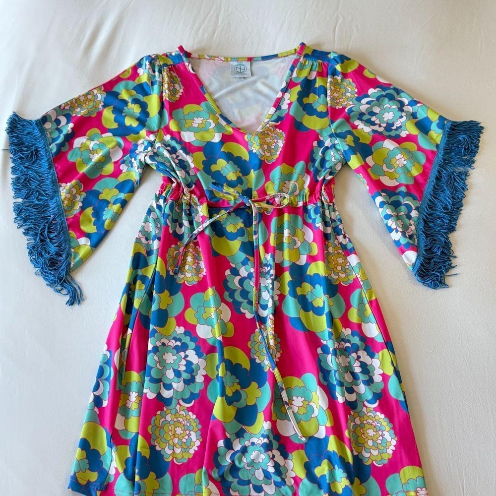 Tracy Negoshian Felicity Floral Fringe Mini Dress Pink Blue XS